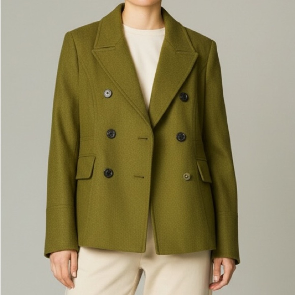 Apostrophe Dark Lime Green Wool Blend Pea‎ Coat Sz S Lined Military Style Edgy